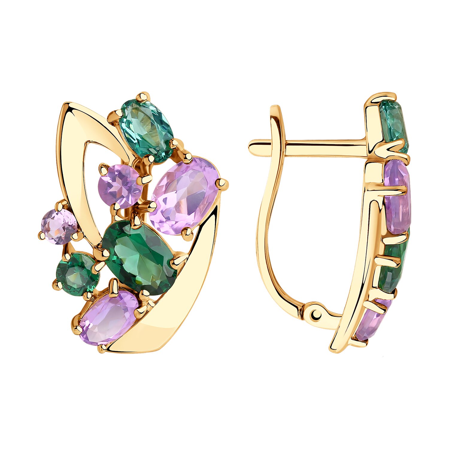 Cercei Sokolov din aur cu ametiste și sitaluri verzi