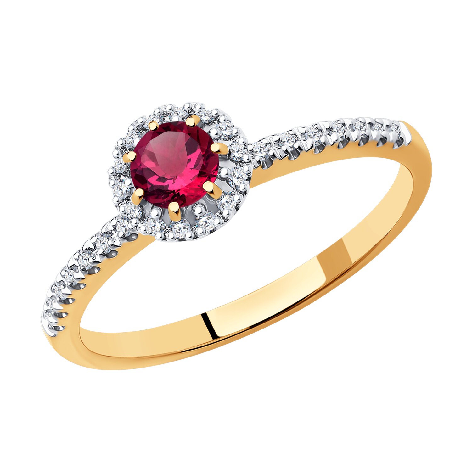 Inel Sokolov din aur cu diamante si rubin