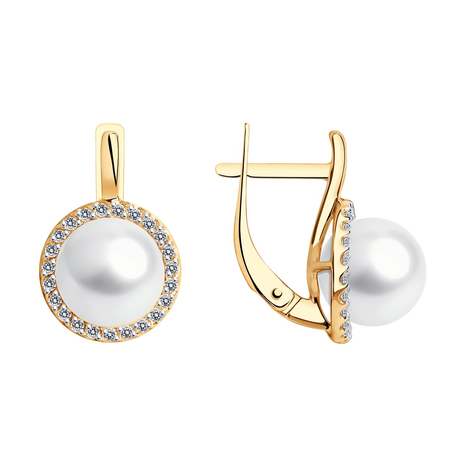 Cercei Sokolov din aur alb cu perle și zirconii